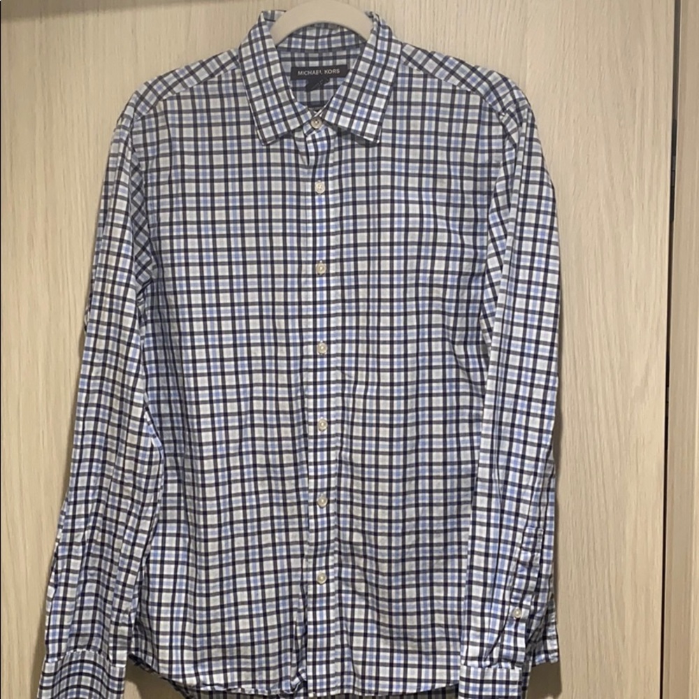 Michael Kors blue white black plaid dress shirt